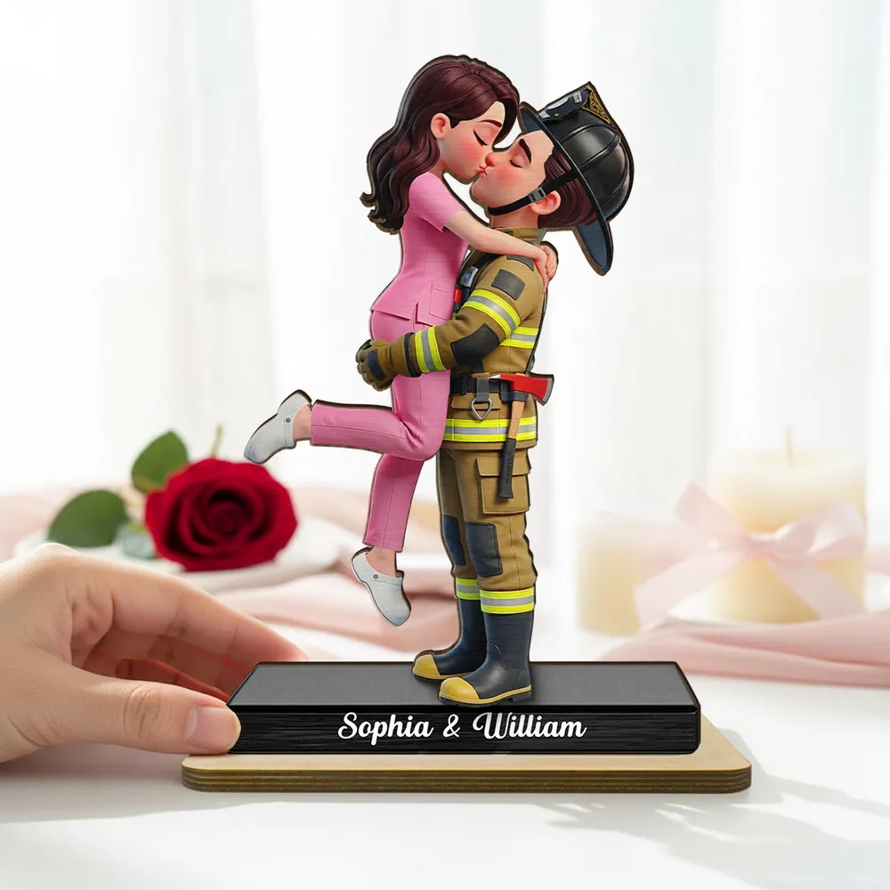 2-Layer Wooden Plaque Personalized Hero Couple Kiss - A Heartwarming Custom Gift for Couples, Police Firefighter Nurse Love