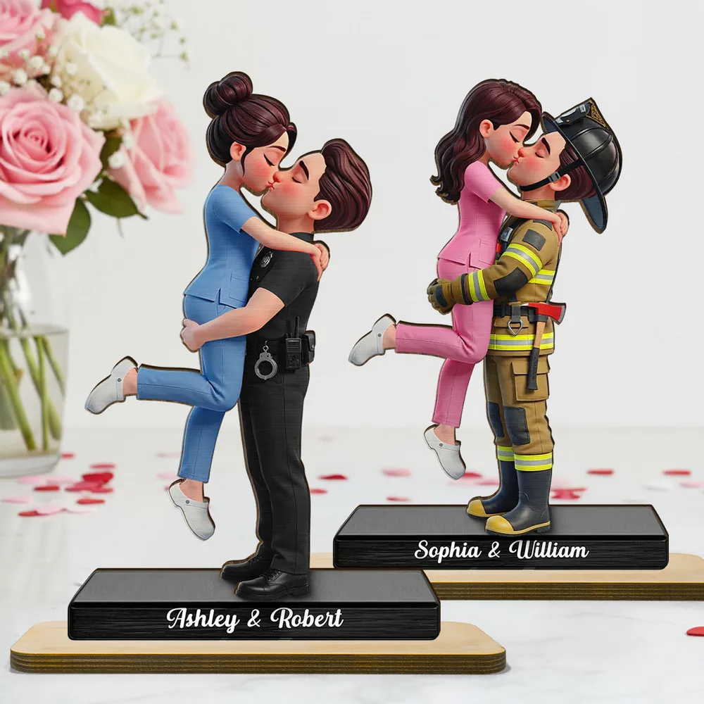 2-Layer Wooden Plaque Personalized Hero Couple Kiss - A Heartwarming Custom Gift for Couples, Police Firefighter Nurse Love - Image 3