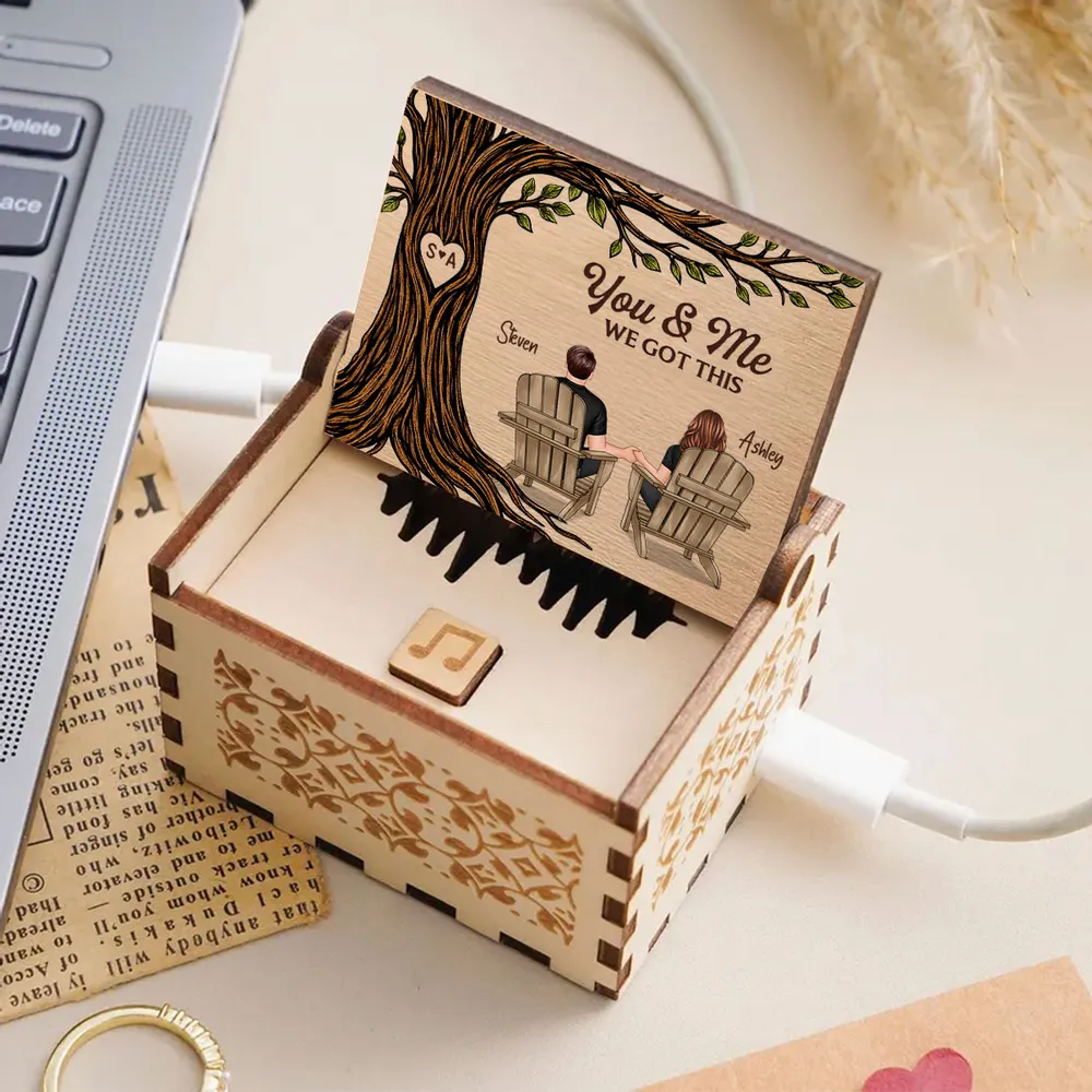 Personalized Wooden Music Box with You & Me Couple Under Tree Scene, Sweet Romantic Keepsake, Unique Gift for Couples - Image 7