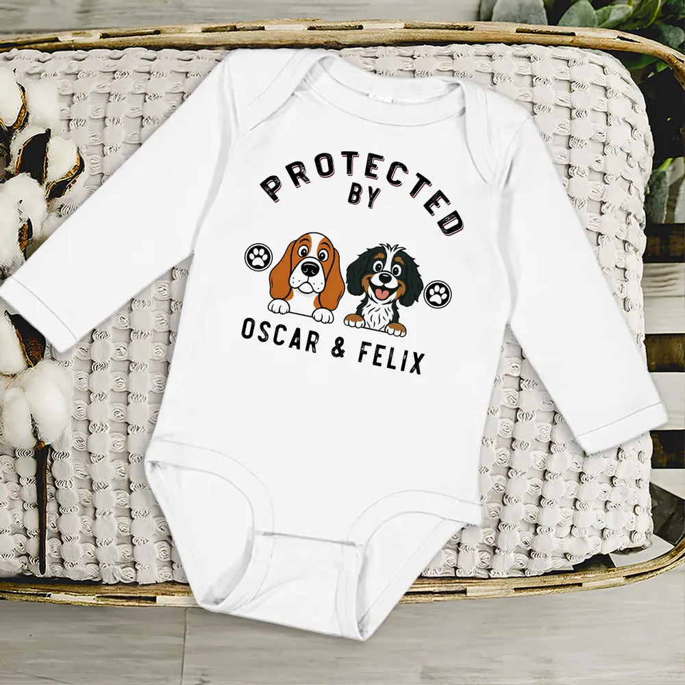 Personalized Protected By Dog Long Sleeve Baby Onesie Cute Cartoon Pup & Paw Prints Unique Baby Gift - Image 3