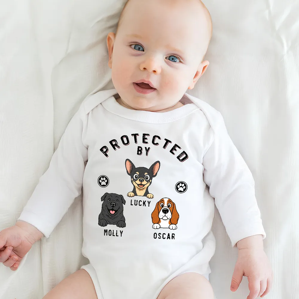 Personalized Protected By Dog Long Sleeve Baby Onesie Cute Cartoon Pup & Paw Prints Unique Baby Gift - Image 4