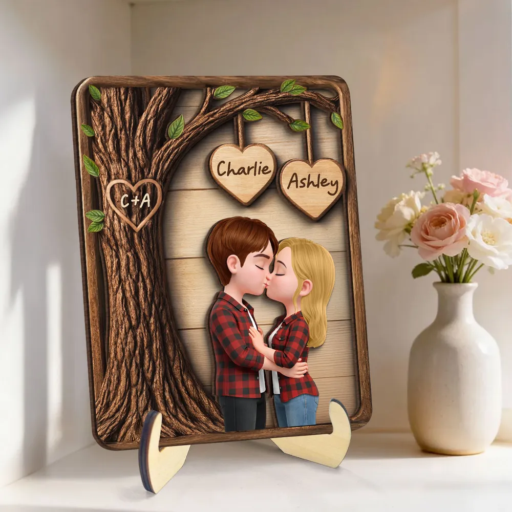 2-Layer Wooden Plaque Personalized Love Keepsake, Kissing Couple with Hanging Heart Names, Sweet Home Display and Creative Gift - Image 3