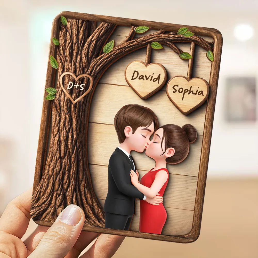 2-Layer Wooden Plaque Personalized Love Keepsake, Kissing Couple with Hanging Heart Names, Sweet Home Display and Creative Gift - Image 4