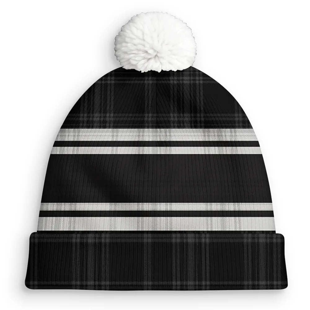 Dog Dad Bobble Beanie Hat, Custom Cartoon Owner Sitting with Pup on Black Plaid, Cozy Everyday Gift - Image 4