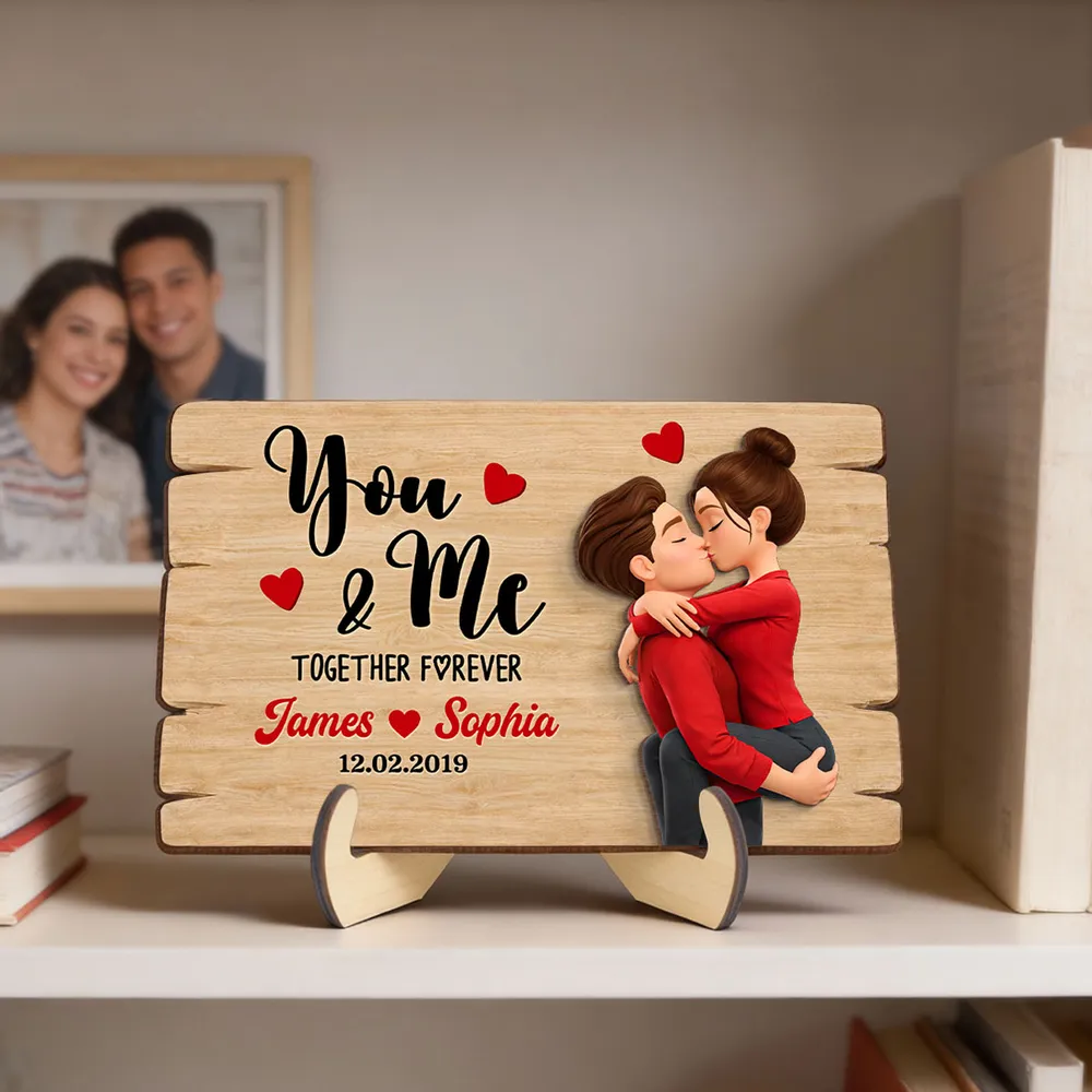Personalized You & Me 2-Layer Wooden Plaque for Couple, Kissing Hug Design, Sweet Heart Gift for Him or Her - Image 3