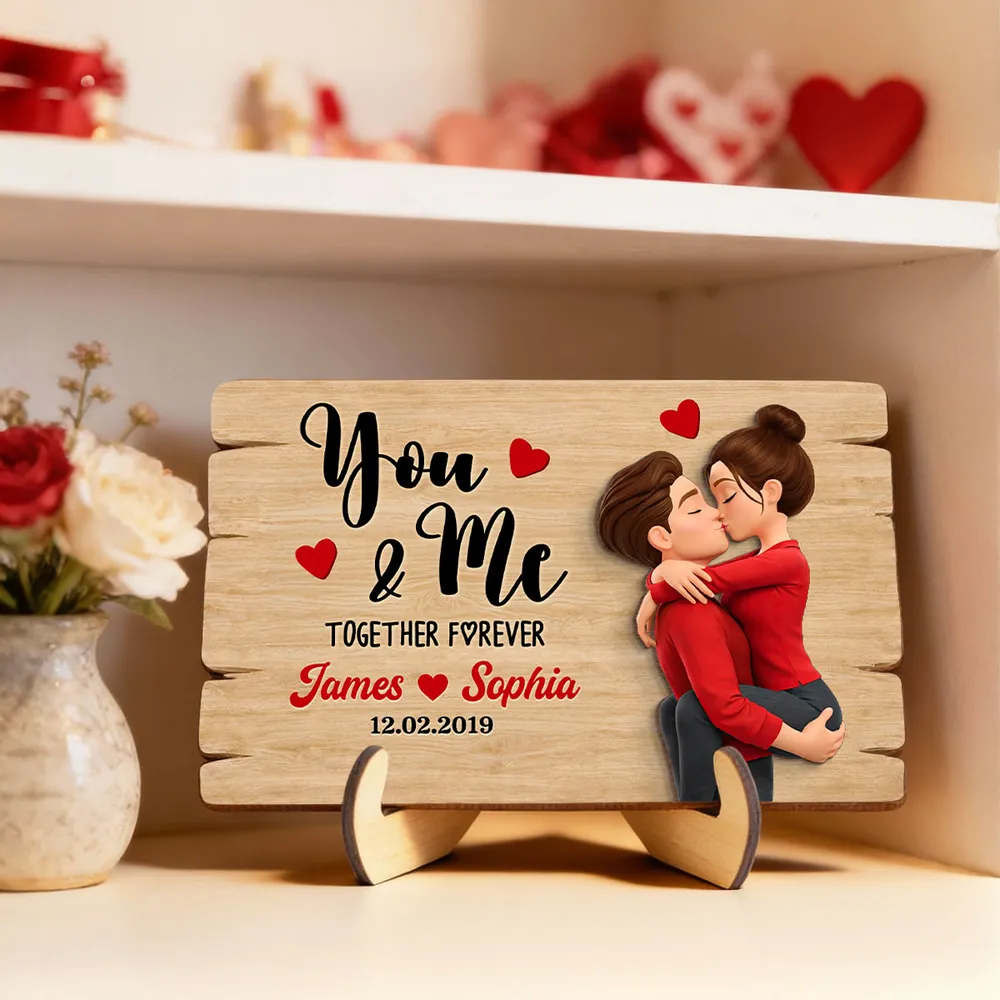 Personalized You & Me 2-Layer Wooden Plaque for Couple, Kissing Hug Design, Sweet Heart Gift for Him or Her - Image 6