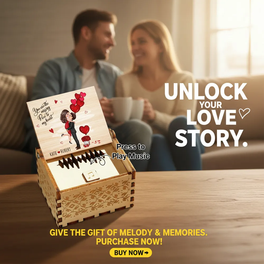 Personalized Wooden Music Box with Kissing Couple & Hearts Romantic Unique Gift for Him or Her - Image 4