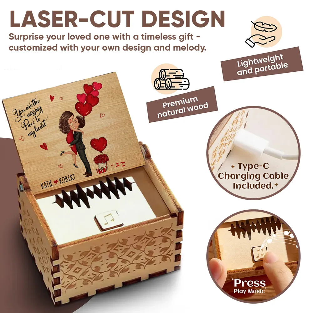 Personalized Wooden Music Box with Kissing Couple & Hearts Romantic Unique Gift for Him or Her - Image 7