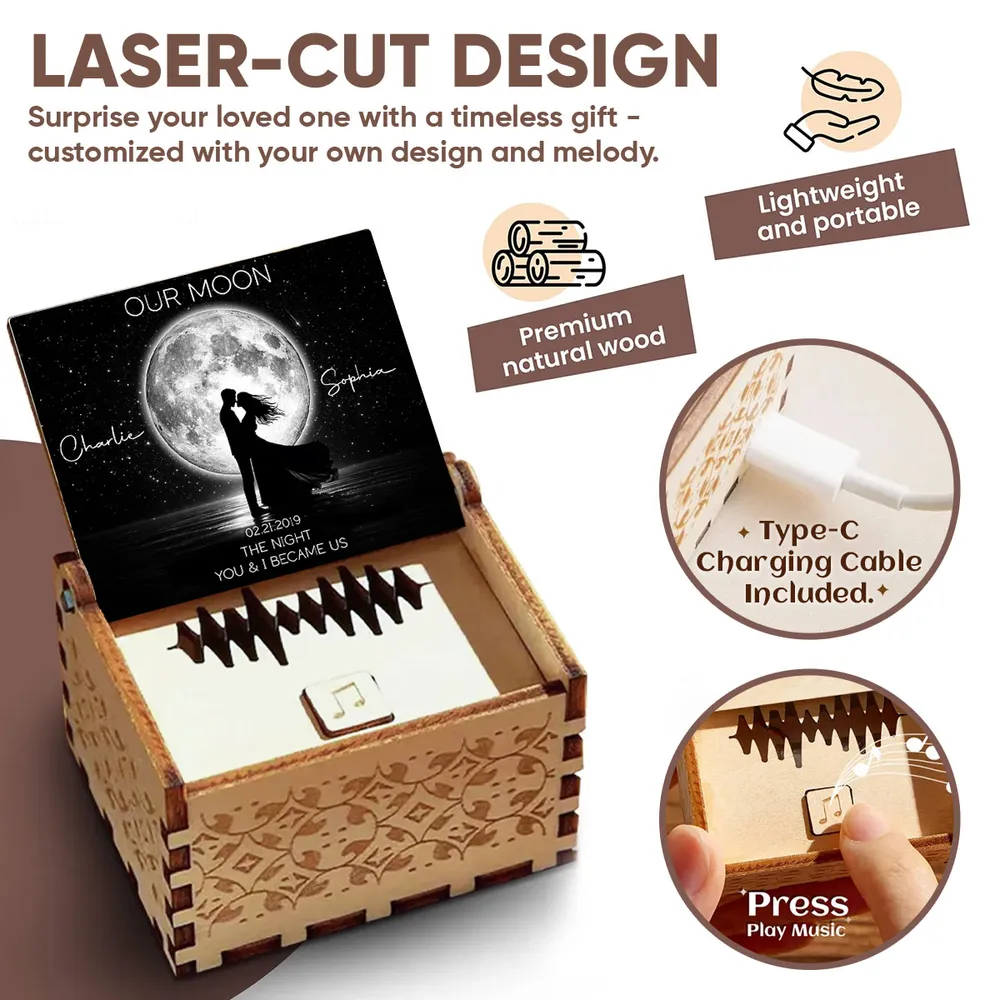 Personalized Wooden Music Box with Moonlit Kissing Couple Design, Unique Romantic Gift for Wife or Husband - Image 7