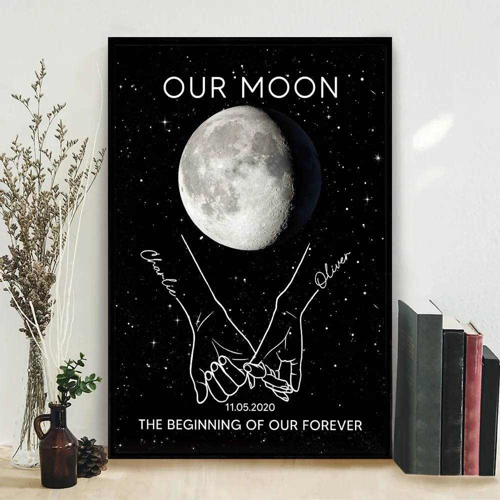 Personalized Moon Phase Couple Holding Hands Line Art Poster, Romantic Starry Night Wall Decor, Unique Gift - Image 2