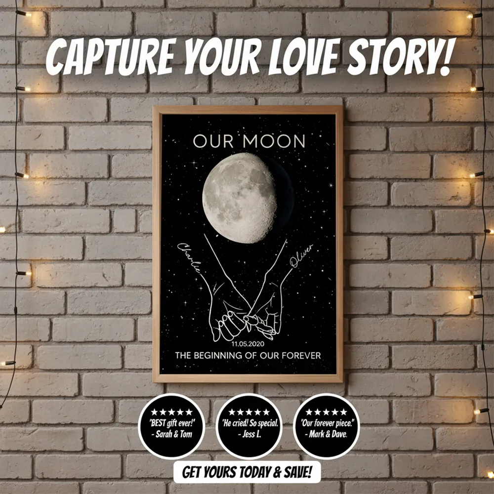 Personalized Moon Phase Couple Holding Hands Line Art Poster, Romantic Starry Night Wall Decor, Unique Gift - Image 6
