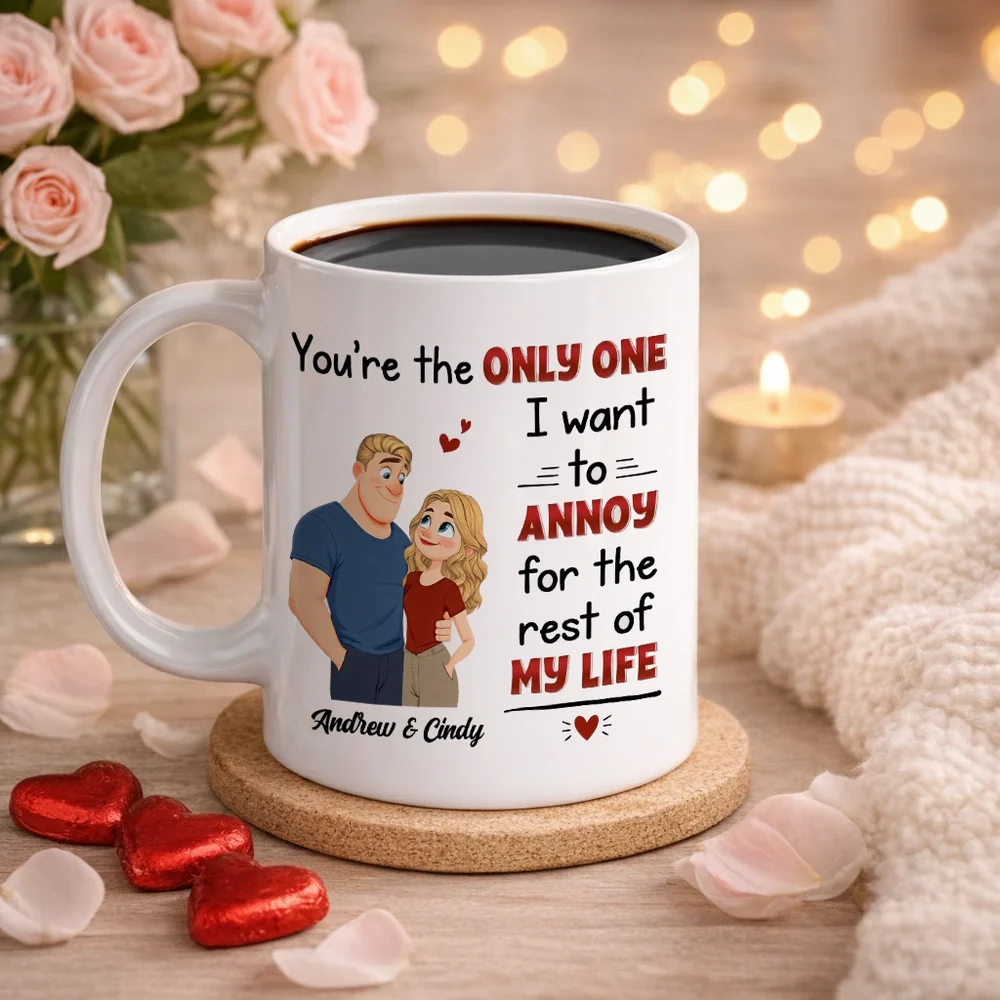 Personalized White Ceramic Mug with Cute Couple Illustration Funny Annoying Love Quote Unique Gift for Couples