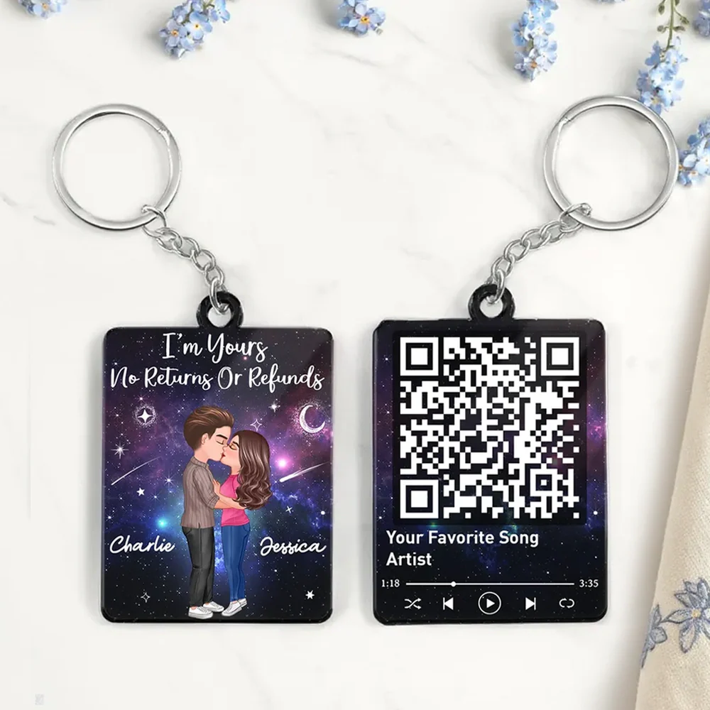 Acrylic Keychain Personalized with Starry Galaxy Kissing Couple and Favorite Song QR Code Style, Sweet Couple Gift for Her