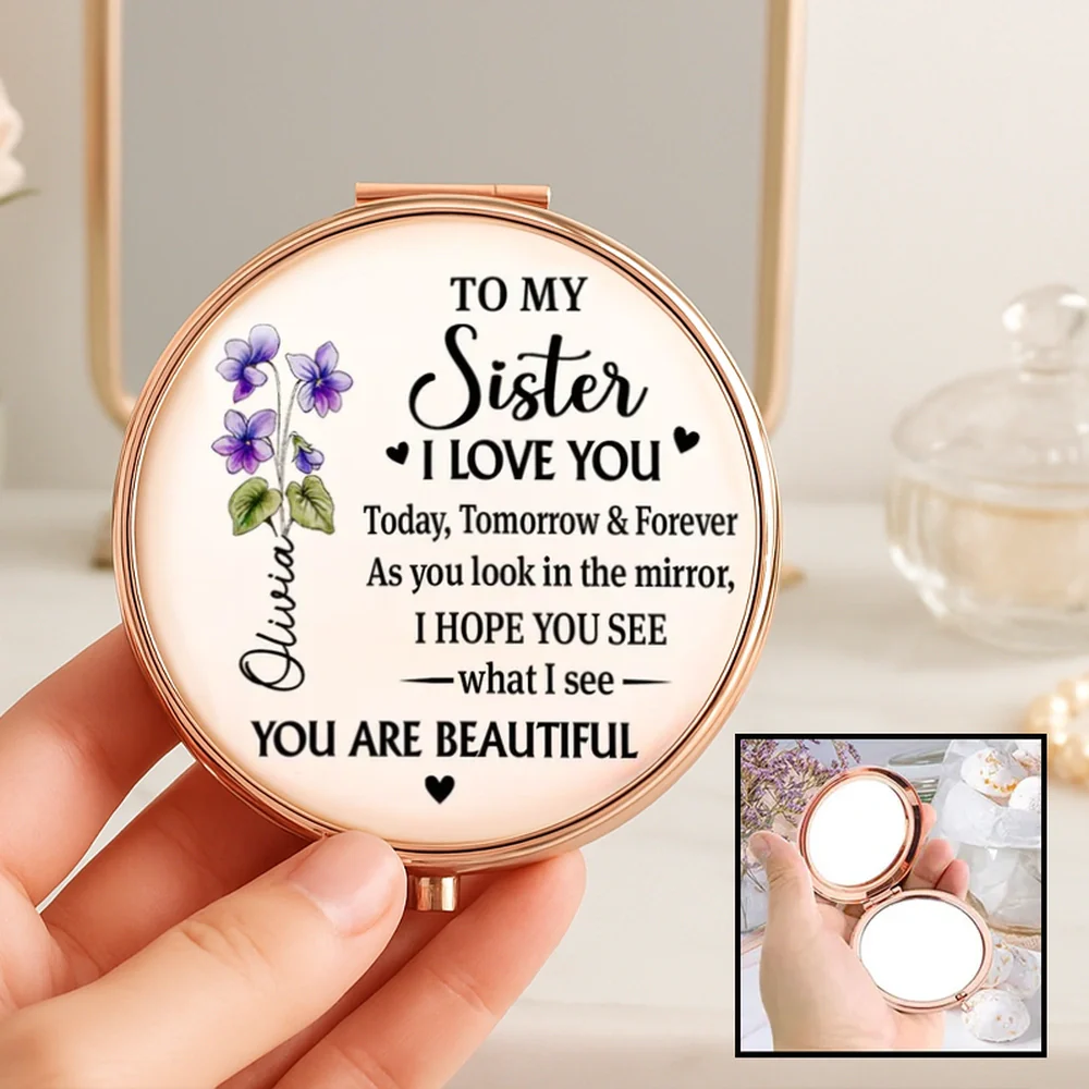 Personalized Metal Compact Mirror Sister Quote with Purple Flowers, Unique Everyday Purse Gift That Feels Heartwarming