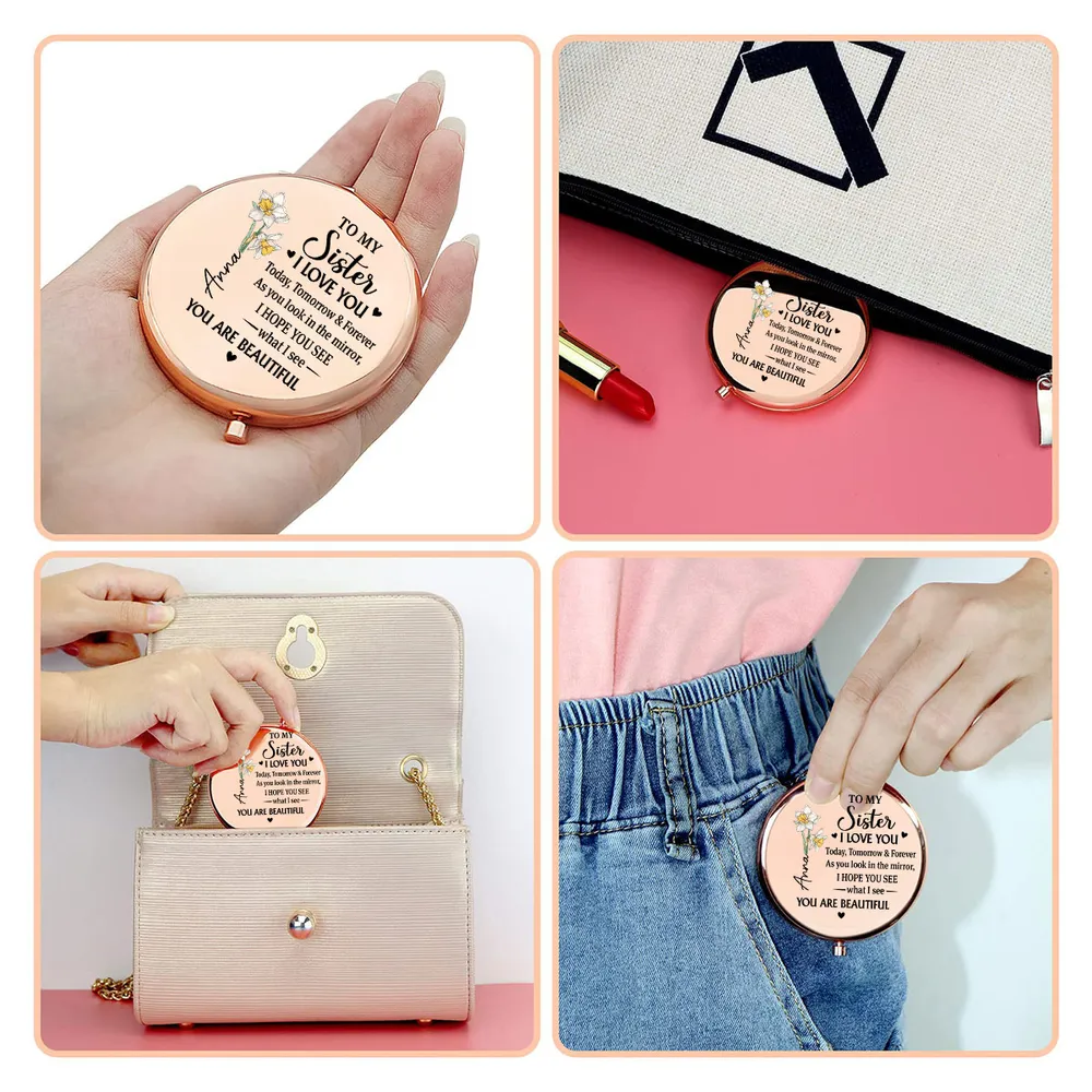 Personalized Metal Compact Mirror Sister Quote with Purple Flowers, Unique Everyday Purse Gift That Feels Heartwarming - Image 5