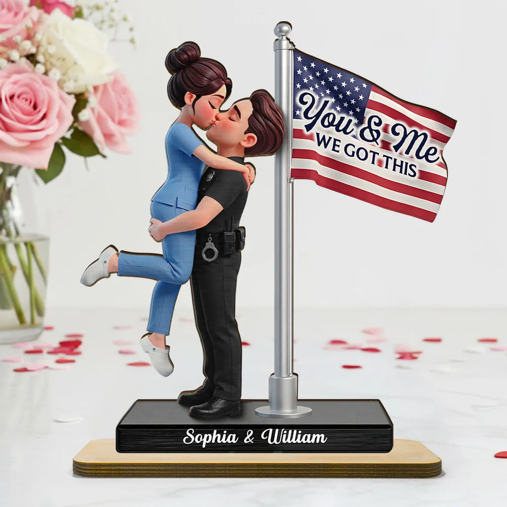 Personalized 2-Layer Wooden Plaque Hero Couple Kissing by US Flag You & Me We Got This Unique Gift for Him or Her - Image 2
