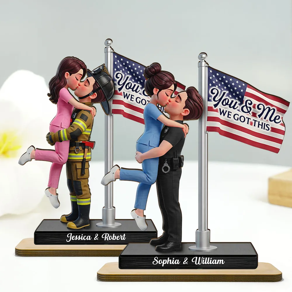 Personalized 2-Layer Wooden Plaque Hero Couple Kissing by US Flag You & Me We Got This Unique Gift for Him or Her - Image 3