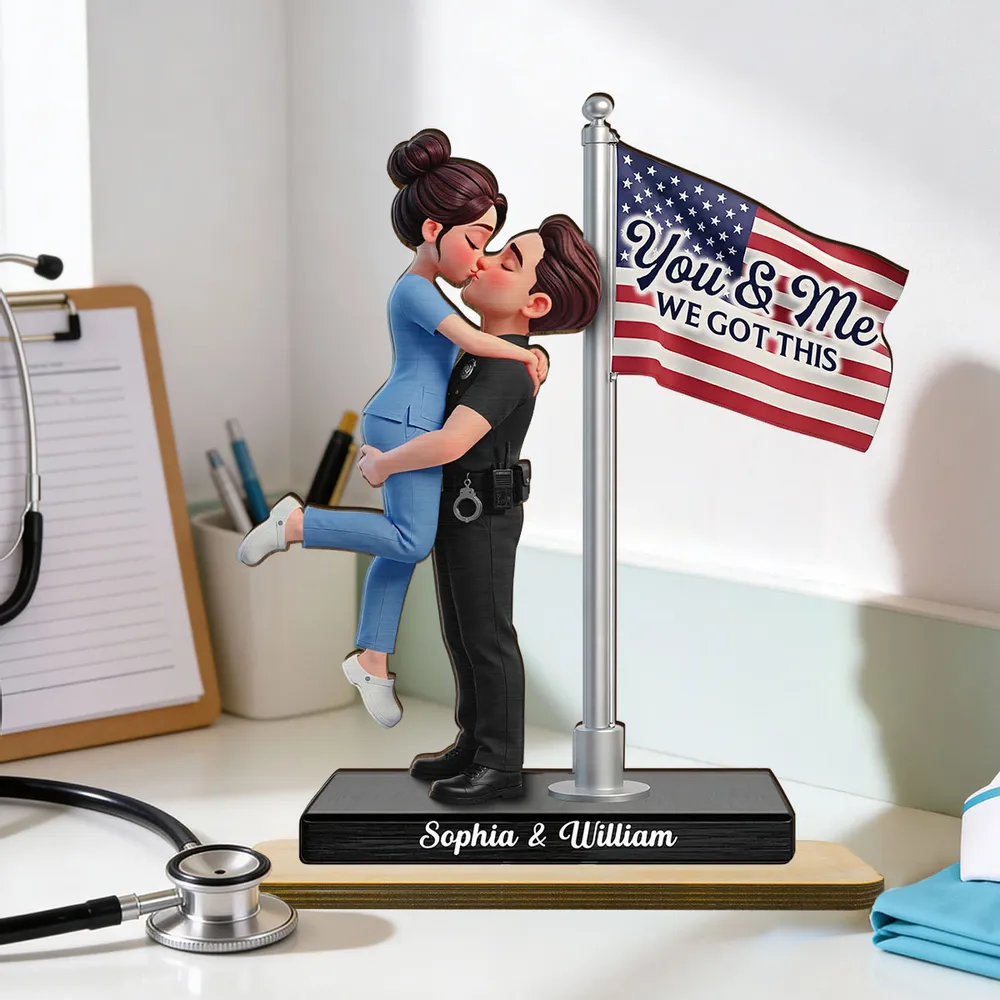 Personalized 2-Layer Wooden Plaque Hero Couple Kissing by US Flag You & Me We Got This Unique Gift for Him or Her - Image 5