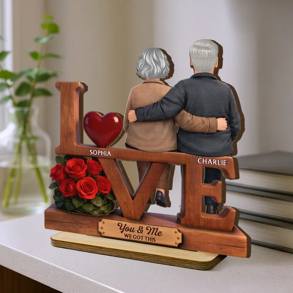 Personalized 2-Layer Wooden Plaque LOVE Couple Hugging Back View, Heartwarming Living Room Display, Unique Gift For Him & Her - Image 3