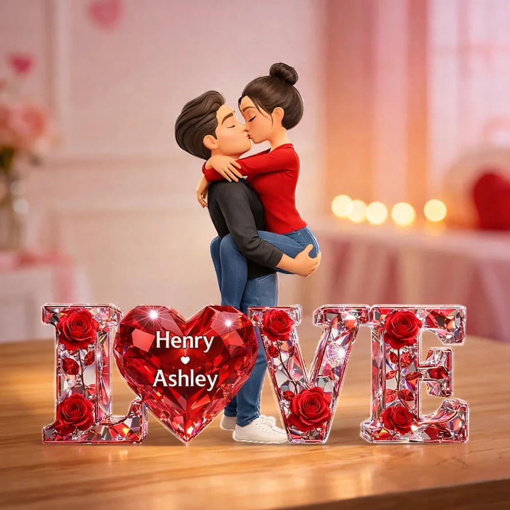Personalized Shaped Acrylic Block Plaque Kissing Couple with LOVE Heart Roses Romantic Shelf Decor Unique Gift