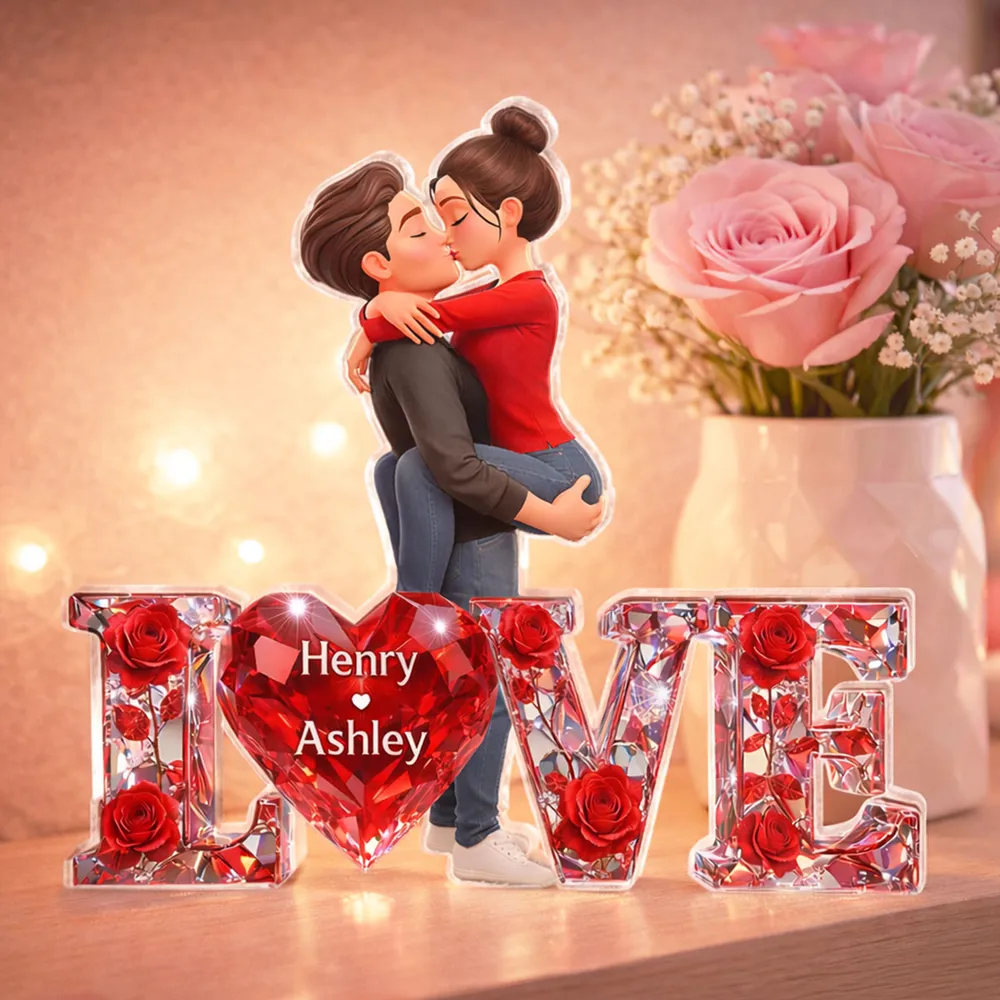 Personalized Shaped Acrylic Block Plaque Kissing Couple with LOVE Heart Roses Romantic Shelf Decor Unique Gift - Image 2