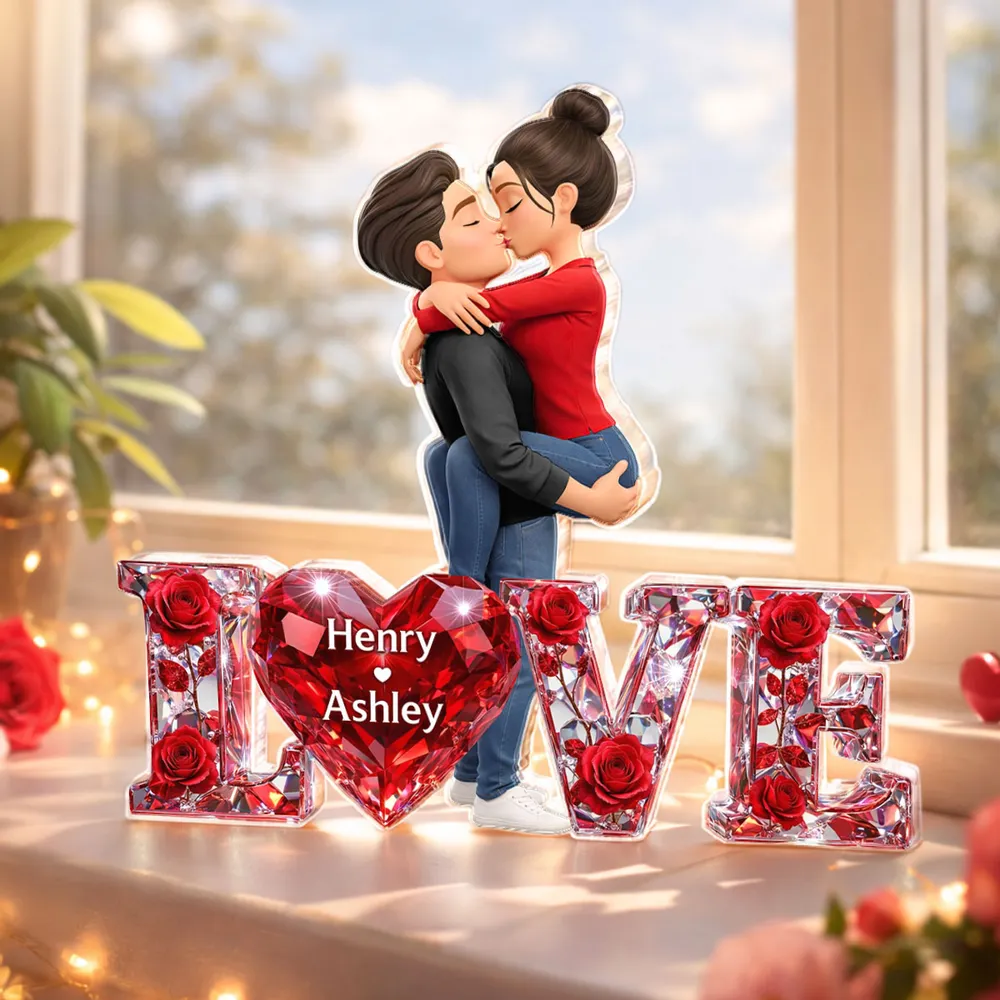 Personalized Shaped Acrylic Block Plaque Kissing Couple with LOVE Heart Roses Romantic Shelf Decor Unique Gift - Image 3