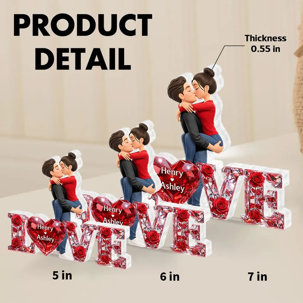 Personalized Shaped Acrylic Block Plaque Kissing Couple with LOVE Heart Roses Romantic Shelf Decor Unique Gift - Image 4