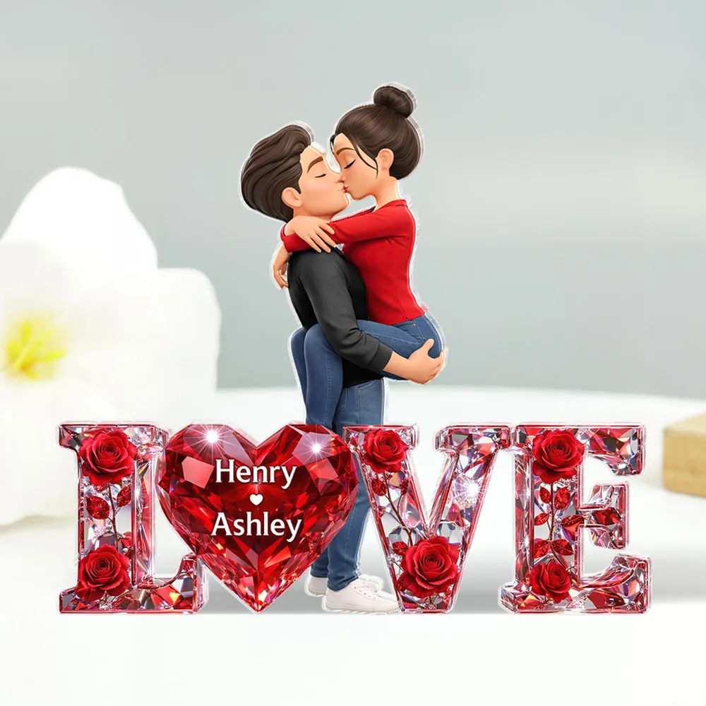 Personalized Shaped Acrylic Block Plaque Kissing Couple with LOVE Heart Roses Romantic Shelf Decor Unique Gift - Image 6