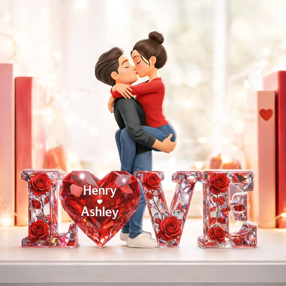 Personalized Shaped Acrylic Block Plaque Kissing Couple with LOVE Heart Roses Romantic Shelf Decor Unique Gift - Image 7