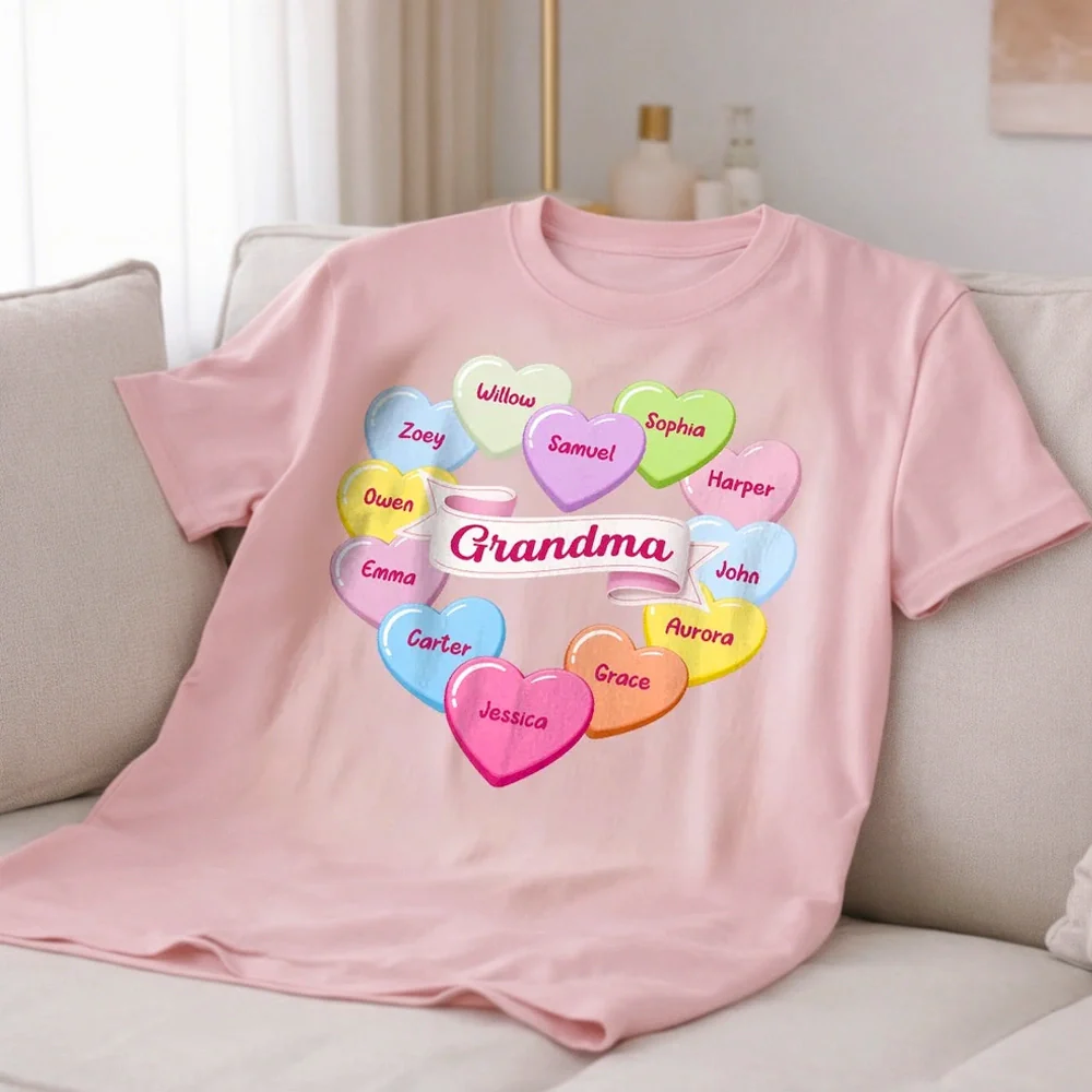 Personalized Grandma Classic Tee, Candy Heart Names Design for Valentine's Day, Unique Gift for Grandma