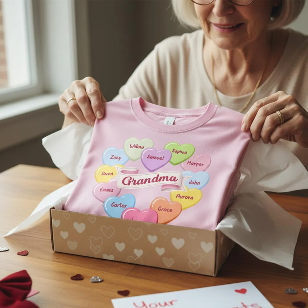 Personalized Grandma Classic Tee, Candy Heart Names Design for Valentine's Day, Unique Gift for Grandma - Image 2