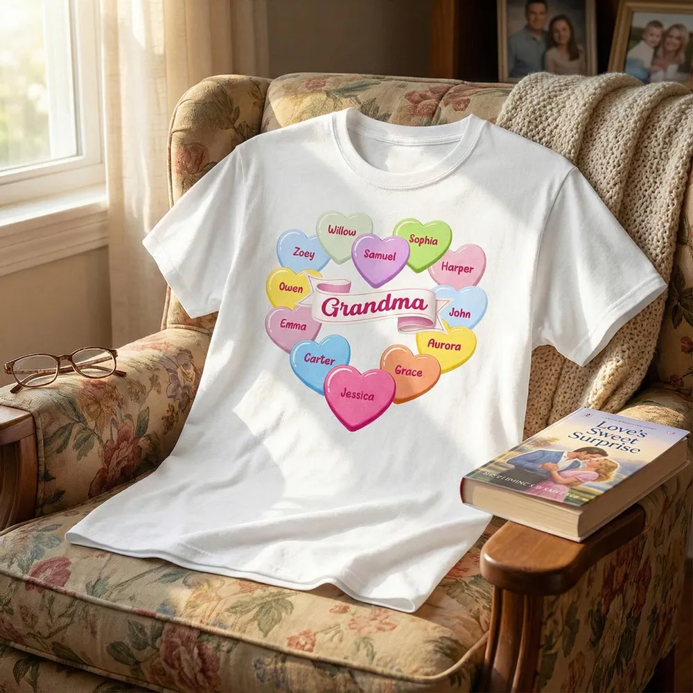Personalized Grandma Classic Tee, Candy Heart Names Design for Valentine's Day, Unique Gift for Grandma - Image 8