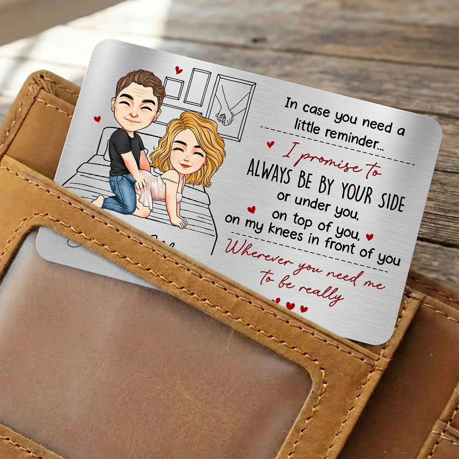 Personalized Metal Wallet Card with Funny Love Promise, Cute Couple Illustration, Unique Gift for Husband or Boyfriend - Image 2