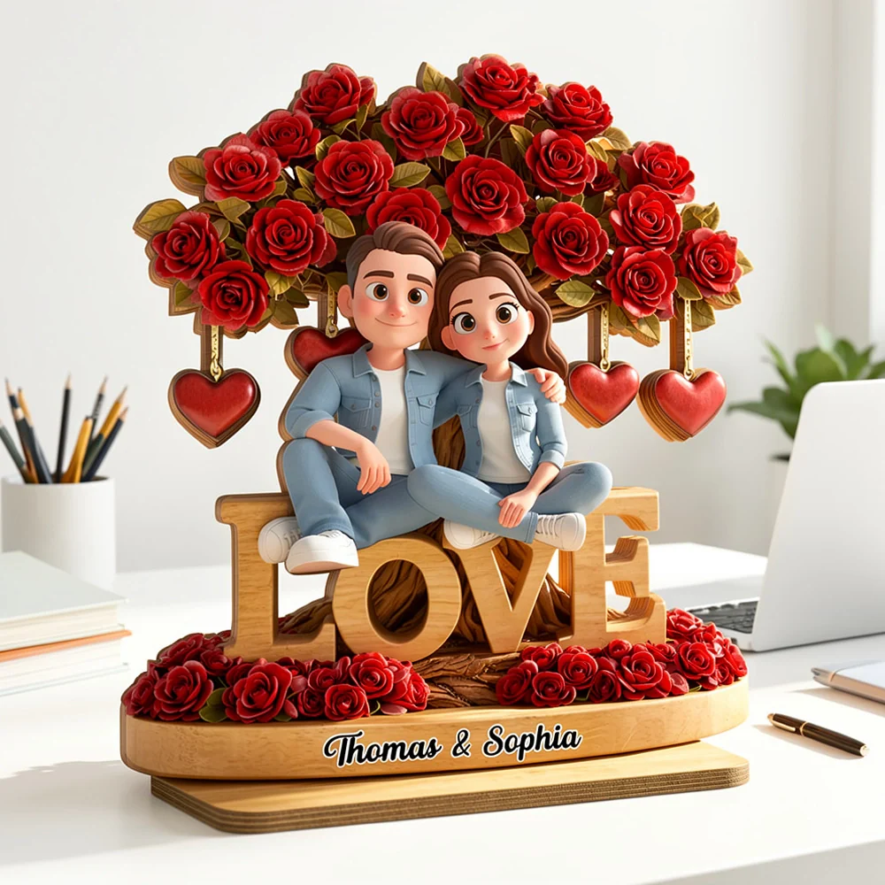 Personalized 2-Layer Wooden Plaque Couple on LOVE Bench with Rose Tree and Hearts, Unique Valentine's Day Gift - Image 2