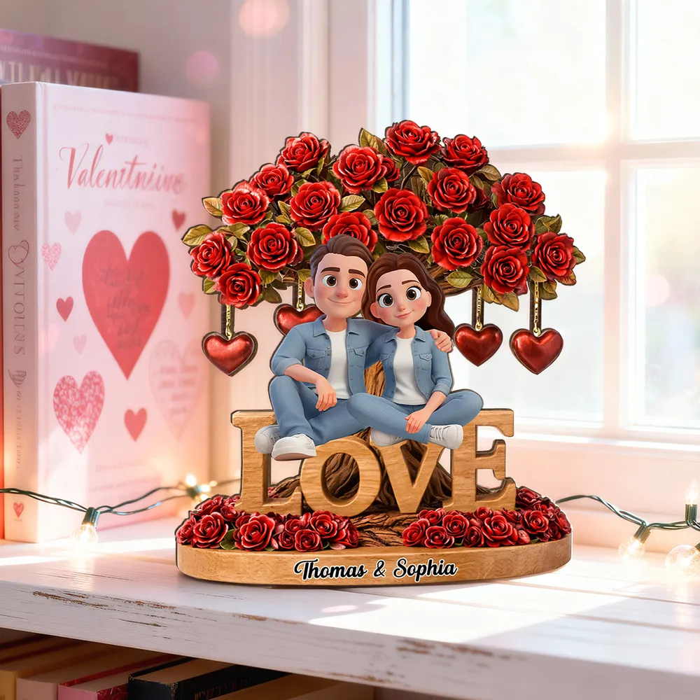 Personalized 2-Layer Wooden Plaque Couple on LOVE Bench with Rose Tree and Hearts, Unique Valentine's Day Gift - Image 6
