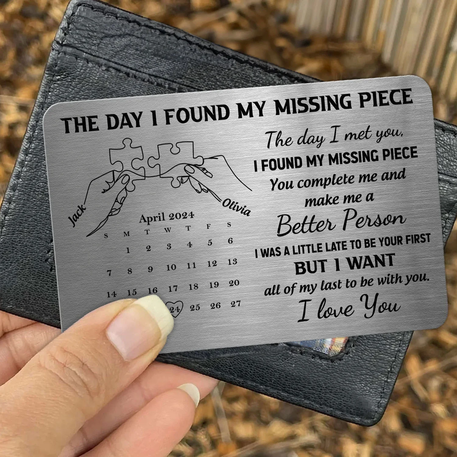 The Day I Found My Missing Piece Personalized Metal Wallet Card, Romantic Pocket Keepsake With Calendar, Unique Gift for Him - Image 2