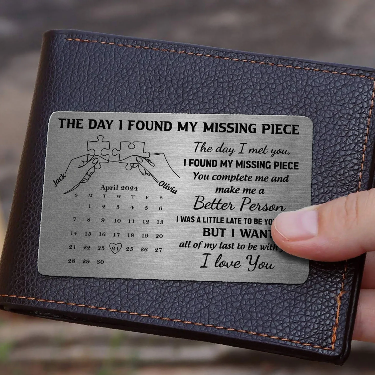 The Day I Found My Missing Piece Personalized Metal Wallet Card, Romantic Pocket Keepsake With Calendar, Unique Gift for Him - Image 3