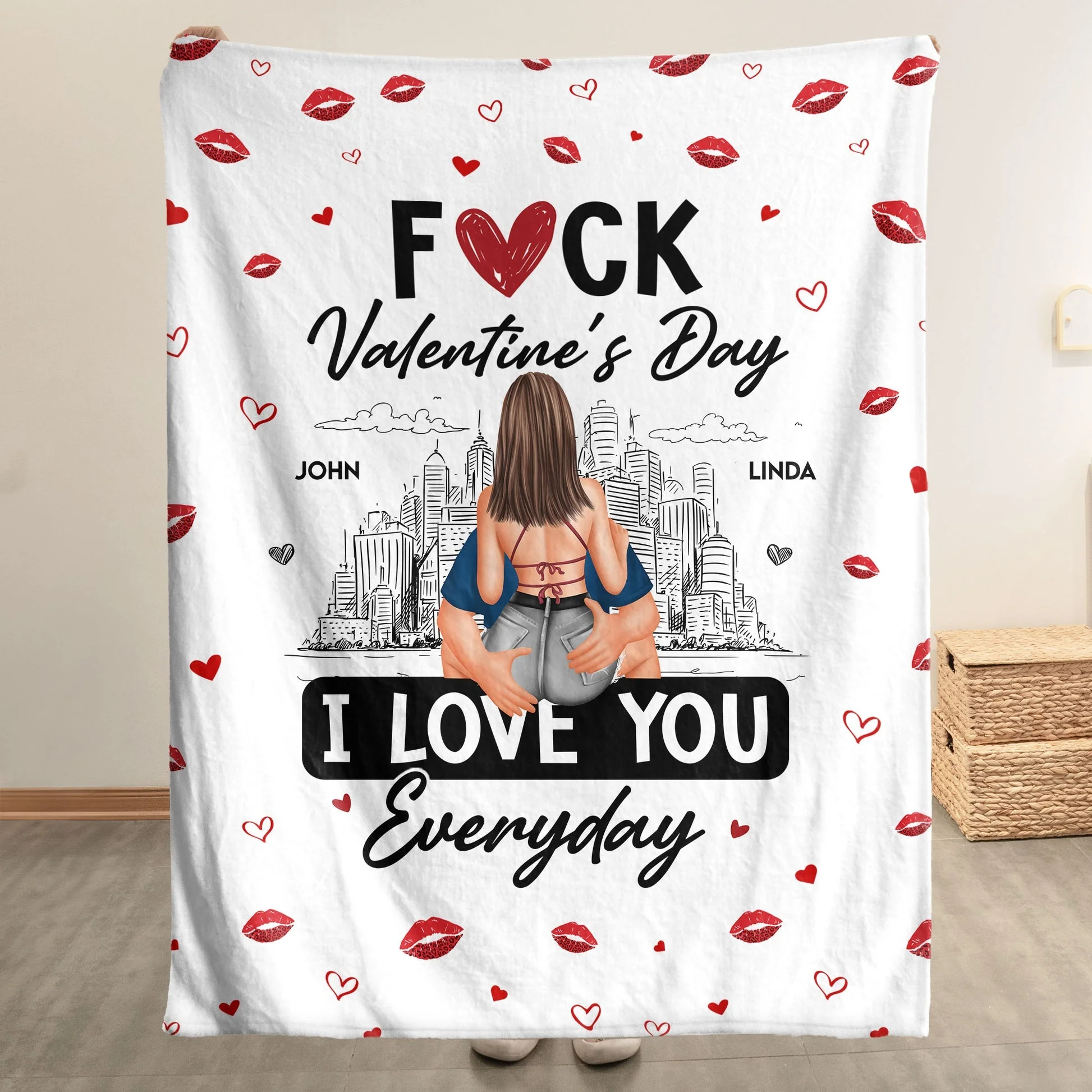 Personalized Fleece Blanket 'F*ck Valentine's Day I Love You Everyday' Couple Hugging City Sketch Unique Gift - Image 2