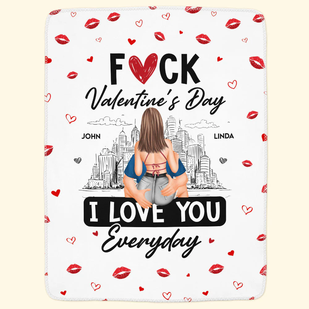Personalized Fleece Blanket 'F*ck Valentine's Day I Love You Everyday' Couple Hugging City Sketch Unique Gift - Image 4
