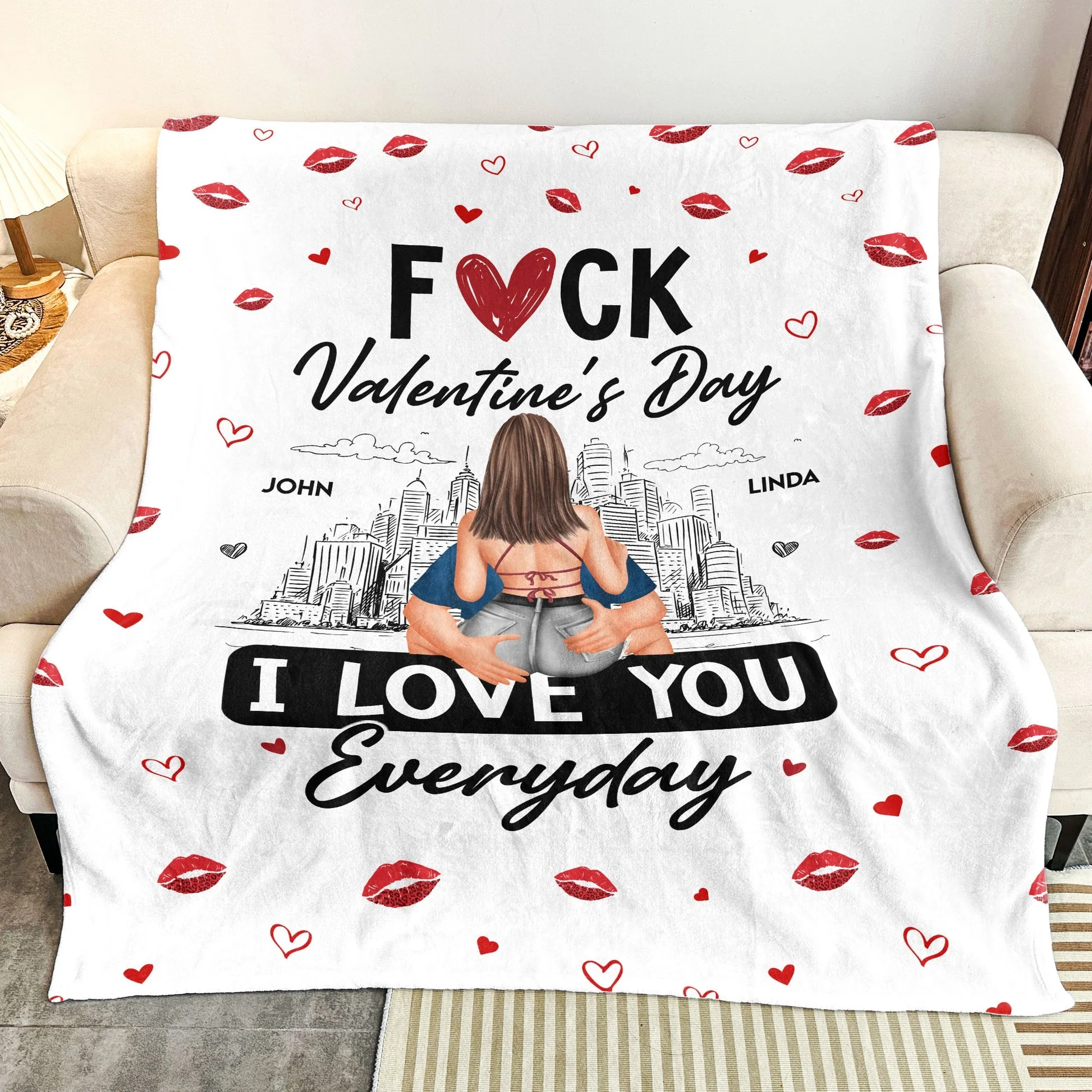 Personalized Fleece Blanket 'F*ck Valentine's Day I Love You Everyday' Couple Hugging City Sketch Unique Gift - Image 5