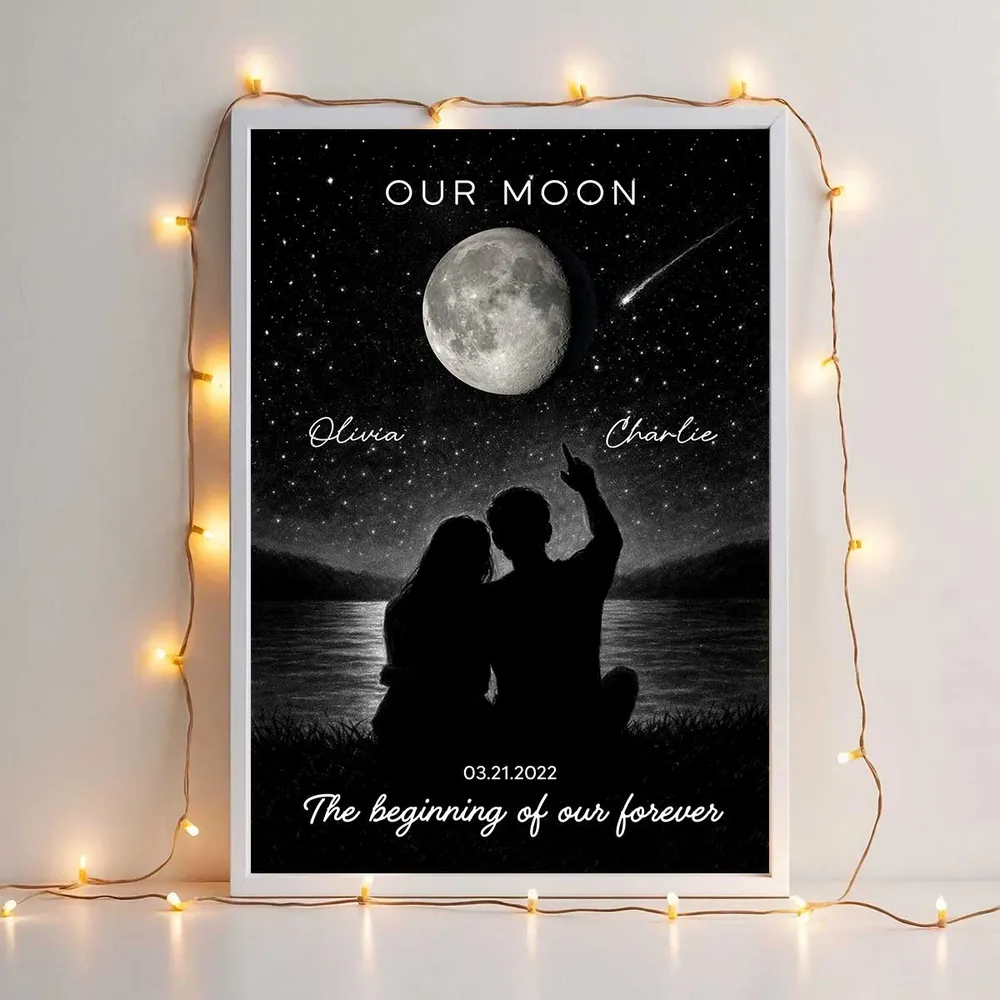 Personalized Moon Night Sky Couple Poster, Romantic Lakeside Silhouette Wall Art, Unique Gift For Couple