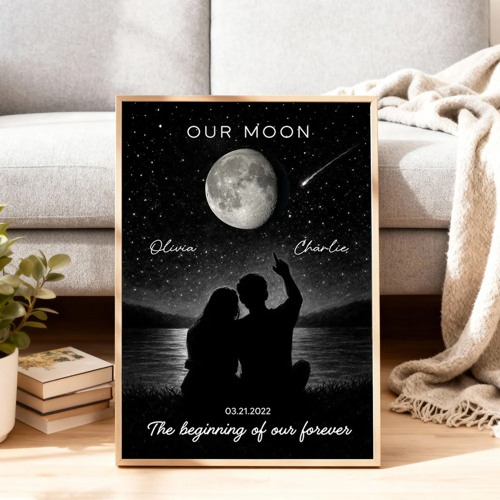 Personalized Moon Night Sky Couple Poster, Romantic Lakeside Silhouette Wall Art, Unique Gift For Couple - Image 2