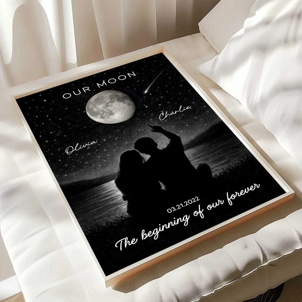 Personalized Moon Night Sky Couple Poster, Romantic Lakeside Silhouette Wall Art, Unique Gift For Couple - Image 6