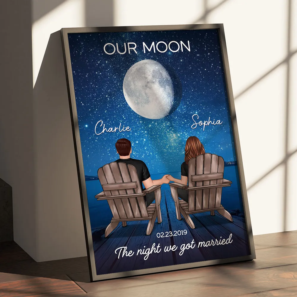 Personalized Moon Poster, Couple Holding Hands by the Ocean at Night, Unique Romantic Gift for Her or Him - Image 3