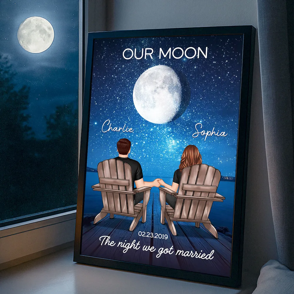 Personalized Moon Poster, Couple Holding Hands by the Ocean at Night, Unique Romantic Gift for Her or Him - Image 8