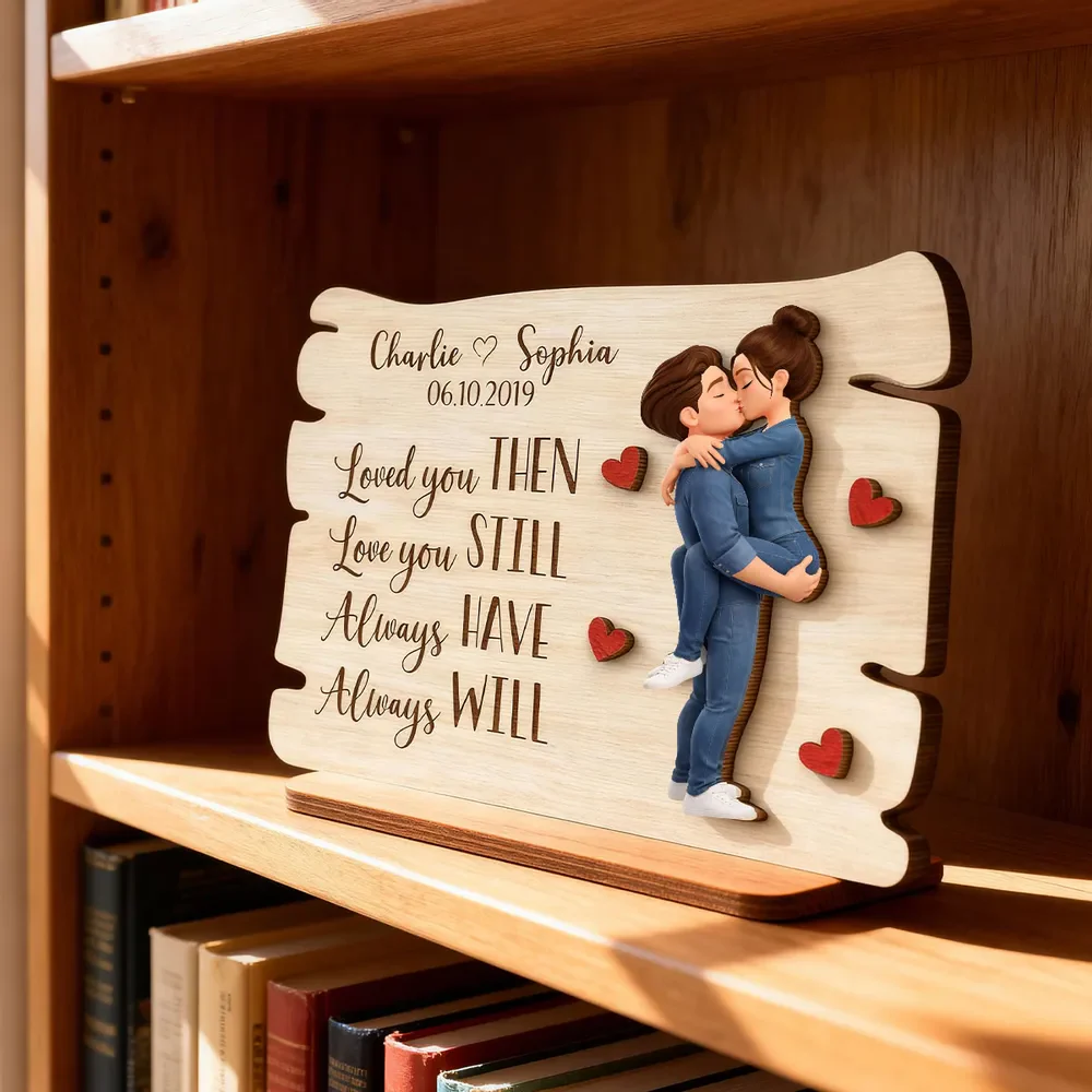 Personalized 2-Layer Wooden Plaque with Kissing Couple and Heart Accents, Romantic Table Decor, Unique Gift for Couple - Image 3