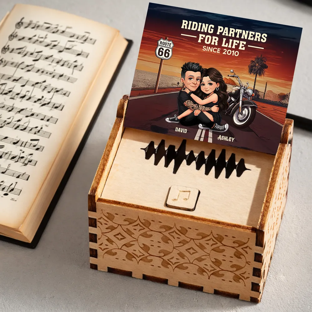 Personalized Wooden Music Box, Riding Partners For Life Couple Hugging by Motorcycle Sunset, Unique Gift for Husband or Wife - Image 2