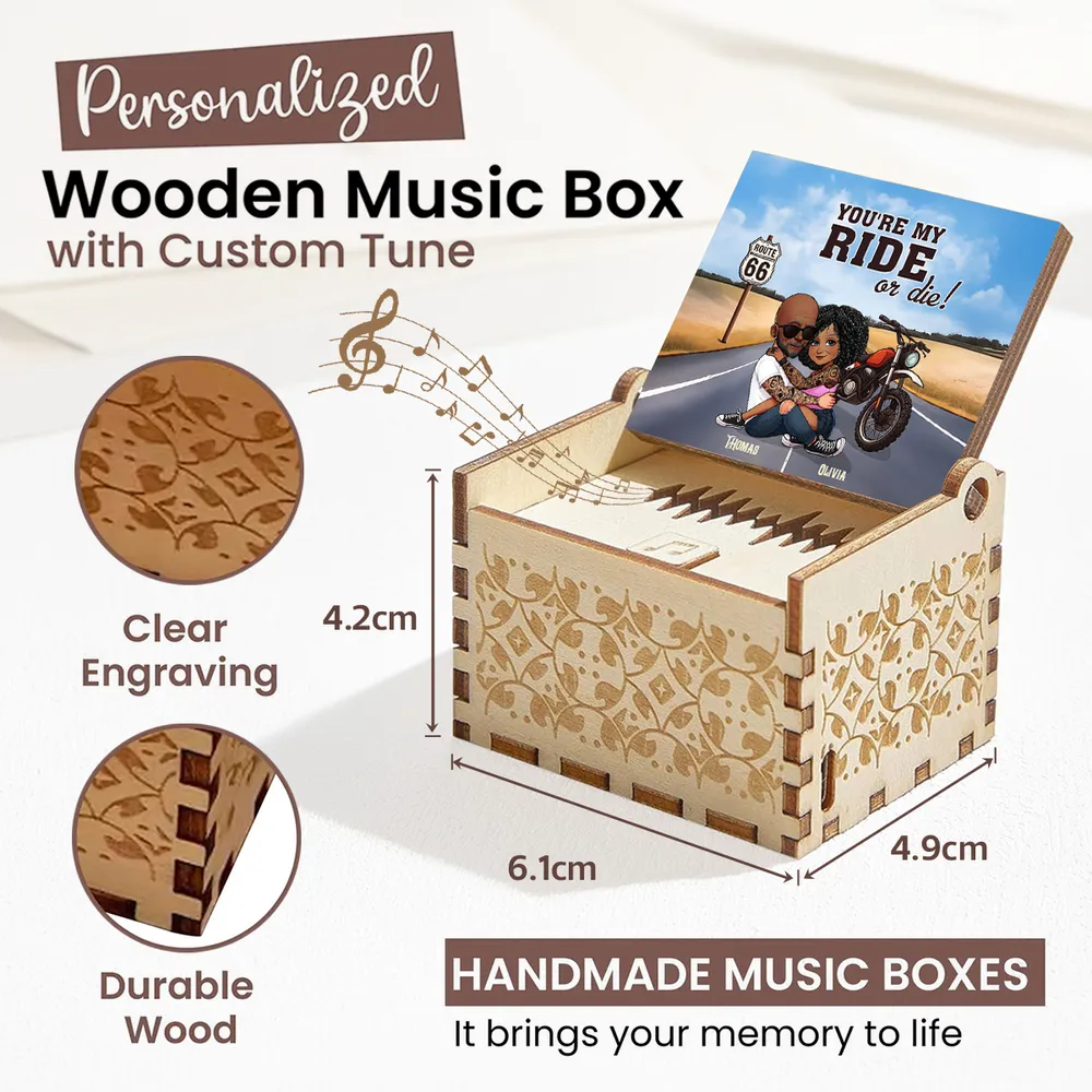 Personalized Wooden Music Box, Riding Partners For Life Couple Hugging by Motorcycle Sunset, Unique Gift for Husband or Wife - Image 4