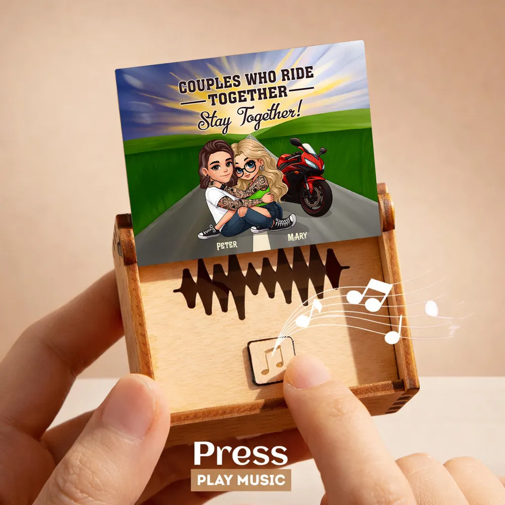 Personalized Wooden Music Box, Riding Partners For Life Couple Hugging by Motorcycle Sunset, Unique Gift for Husband or Wife - Image 8