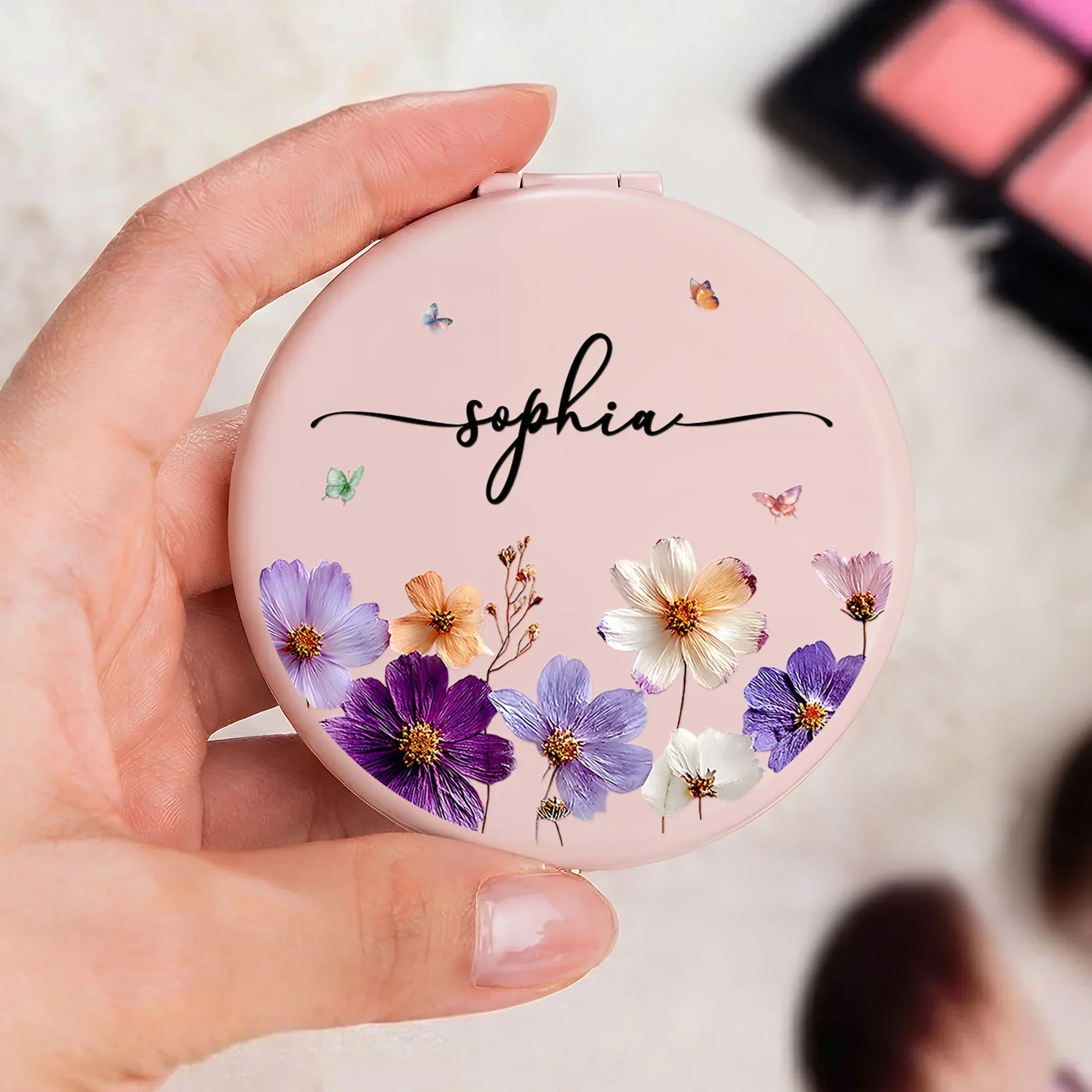 Custom Name Floral Metal Compact Mirror, Delicate Wildflower Design, Thoughtful Gift for Mom Daughter Best Friend, Sweet Daily Reminder - Image 2